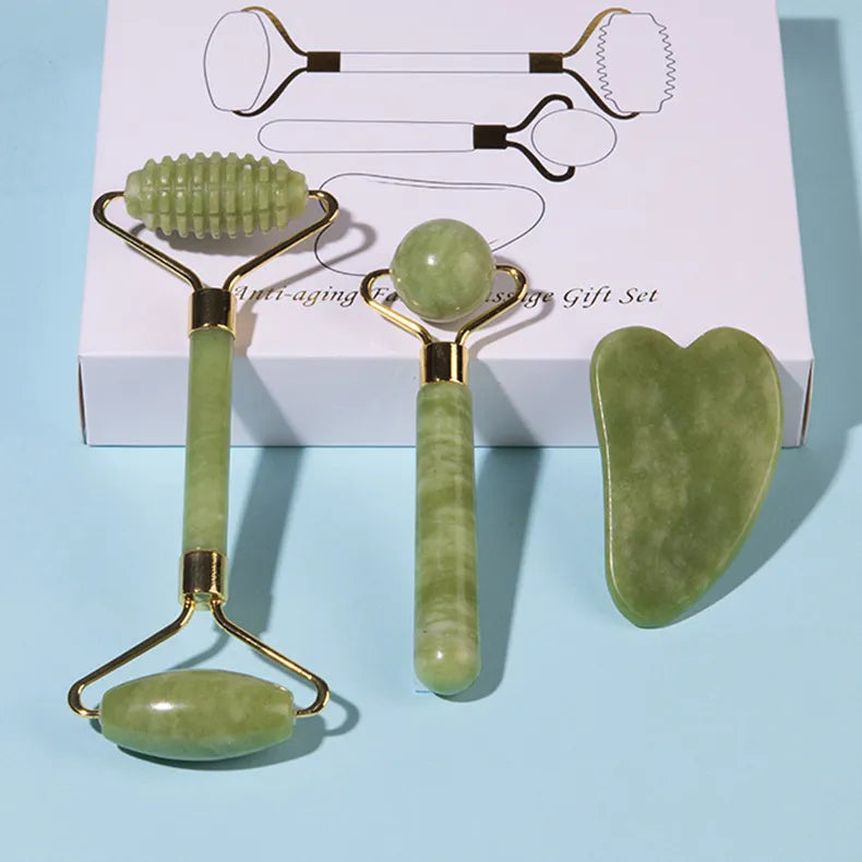 Natural Jade Roller and Gua Sha 3-Piece Gift Set