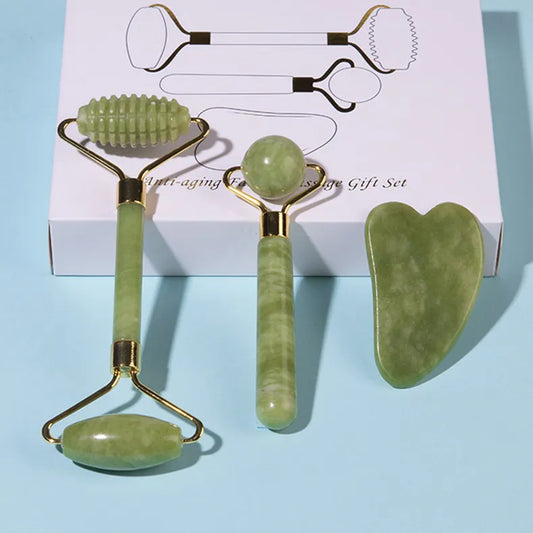 Natural Jade Roller and Gua Sha 3-Piece Gift Set